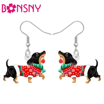 BONSNY Acrylic Funny Christmas Puppy Earrings Dachshund Dog Drop Dangle Jewelry For Women Kid Pets Gifts Decor