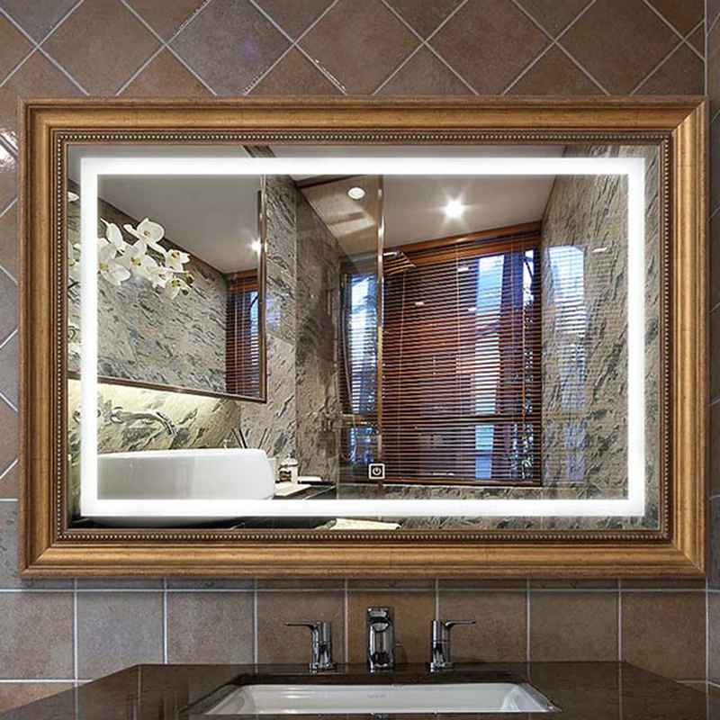 

Vintage No Fog Touch Bathroom Mirror Led Light Smart Rectangle Frame Bathroom Mirror Wall Mounted Long Espejo Bathroom Supplies