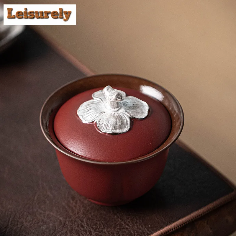 160ml Silver Persimmon Red Gaiwan Boutique Tea Tureen Tea Bowl With Lid Kit Tea Maker Cover Bowl Kung Fu Teaset Accessories Gift