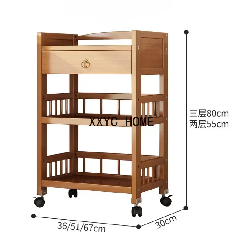 Multi-functional Storage Cart Multilayer Drawer Microwave Oven Rack Natural Bamboo Storage Rack Mobile Pulley Kitchen Furniture