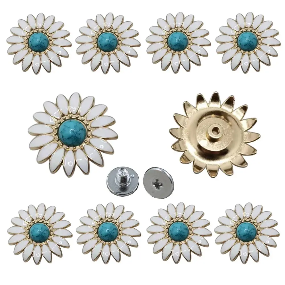 5pcs White Chrysanthemum Inlay Turquoise Decorative Buckle Conchos Screw Back Buttons DIY Leather Goods Leathercraft Accessories