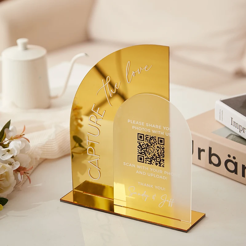 QR Code Photos Sign,Capture The Love QR Sign,Wedding Code Sign,Gold Mirror Wedding Sign,Reception Table Sign,Table Decor