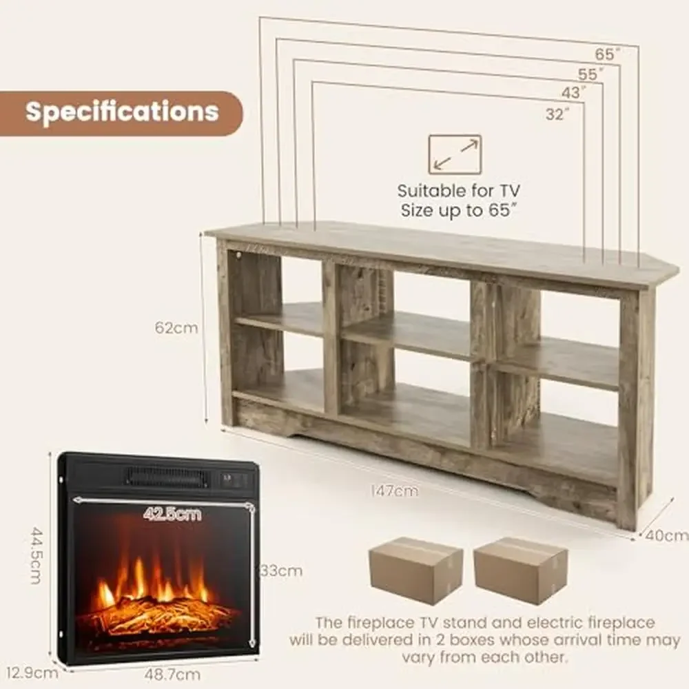 Fireplace TV Stand Entertainment Center 58" with 18" Electric Heater 1400W Remote Adjustable Brightness Storage Space Organized