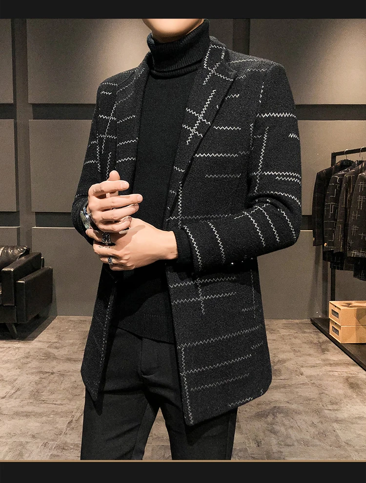 Mode Frühling Herbst männer Woolen Mäntel Beiläufige Dünne Windjacke Outwear Mid-Länge Gestreiften Mantel Jugend Koreanischen Stil Jacken – Detail 12