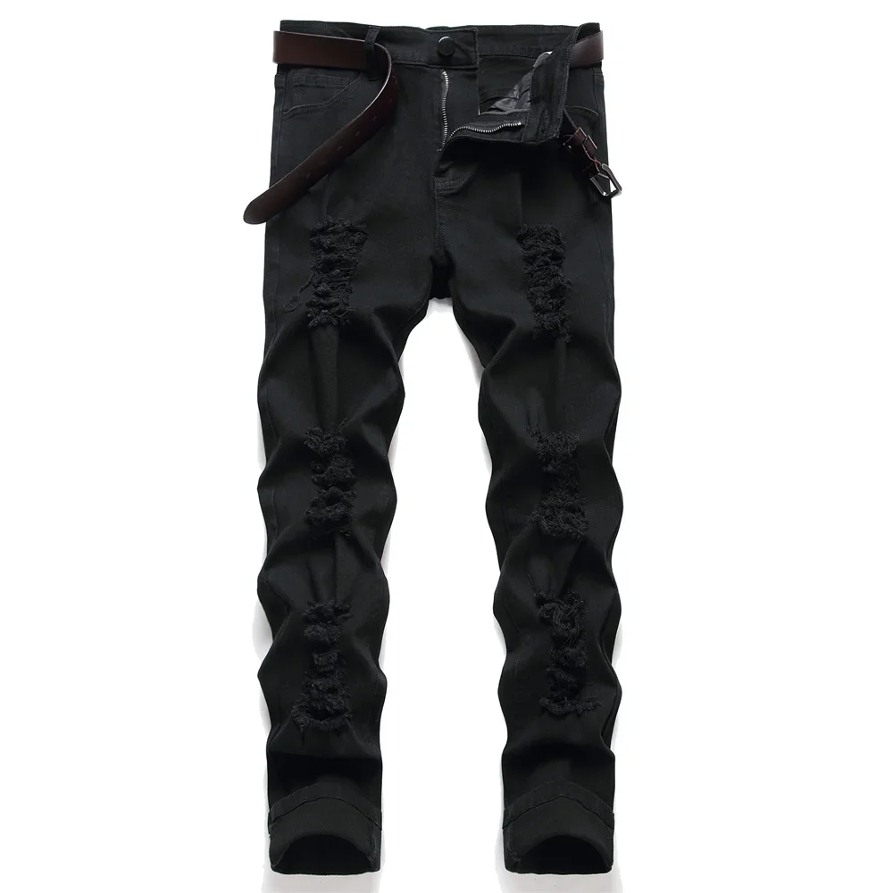 Spring Men Stylish Hip hop Ripped Skinny Jeans Pants Streetwear Male Holes Distressed Solid Slim Casual Denim Trousers