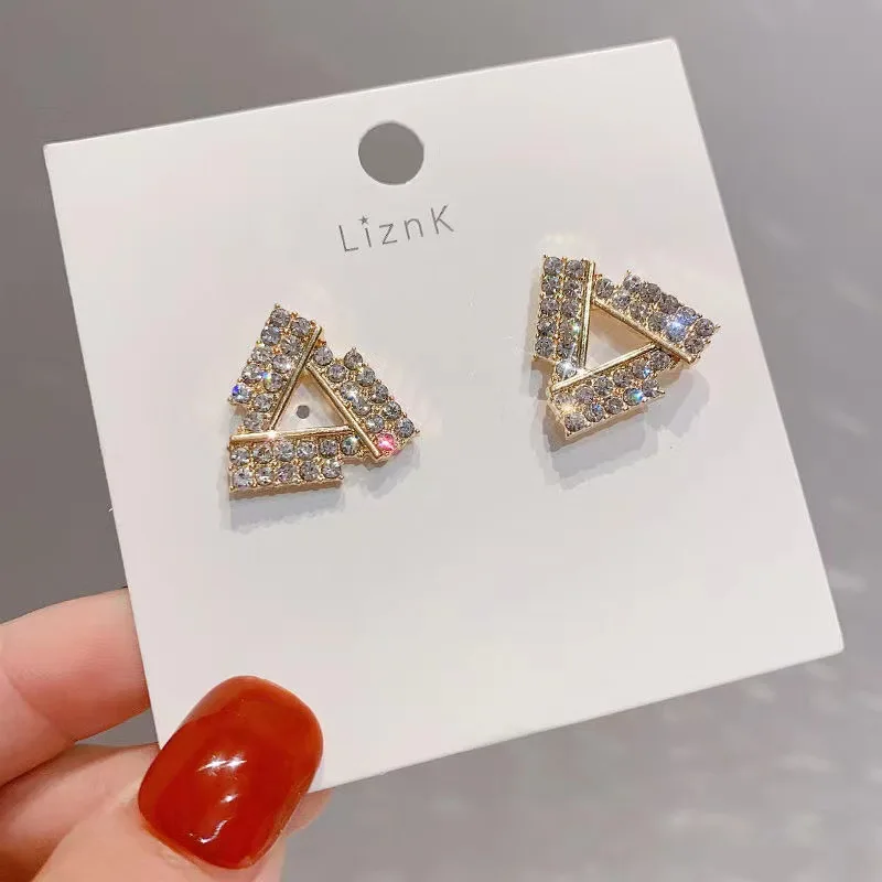 Personality Irregular Triangle Stud Earrings Inlaid Rhinestones Ear Jewelry for Women Hollow Out Geometry Small Earrings Gifts