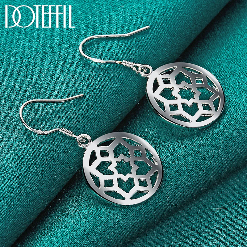 DOTEFFIL 2pcs 925 Sterling Silver Round Flower Pendant Necklace Earring Set for Woman Man