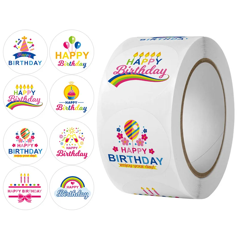 

500pcs/roll Happy Birthday Cake Party Envelope Sticker Creative Cartoon Decoration Holiday Gift Sticker Roll Sealing Sticker