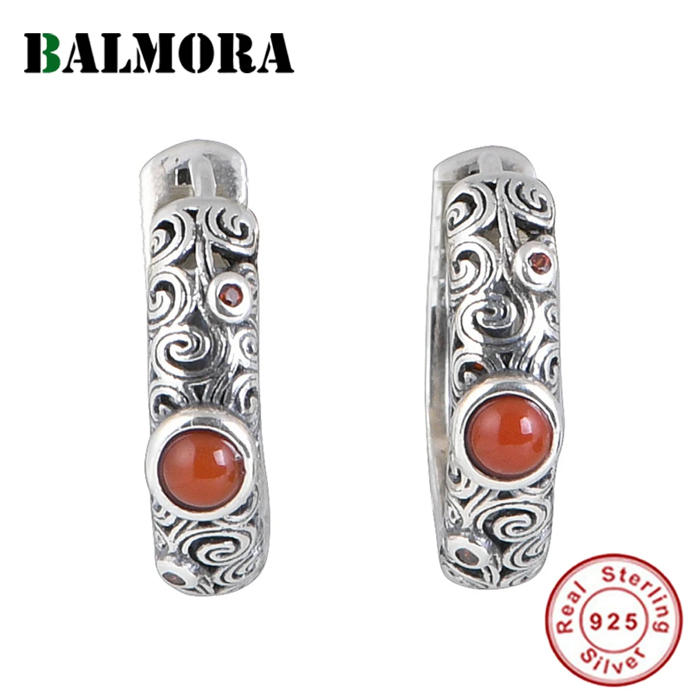 

BALMORA S925 Sterling Silver Red Agate Spherical Ears Earrings For Women Girl Retro Elegant Round Pendientes Daily Jewelry