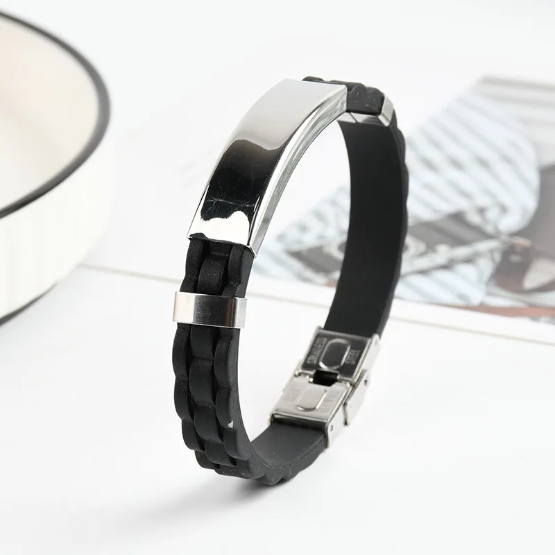 New Trendy Men Silicone Sports Weave Bracelet Leisure Color Contrast Stainless Steel Bangle Men's Party Birthday Gift