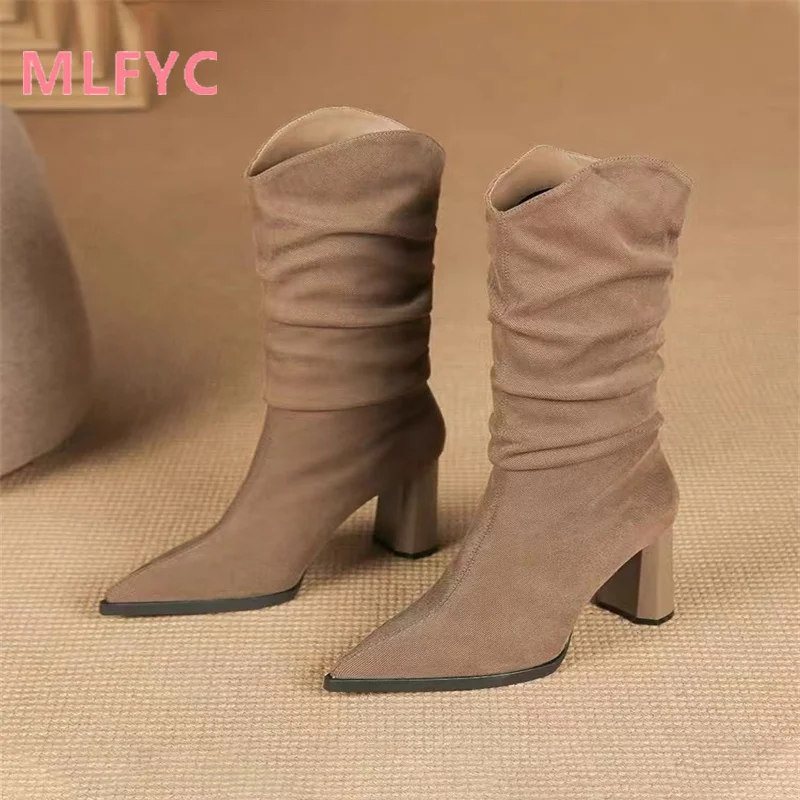 

Autumn and winter European and American mid length boots, female pointed pile up boots, female high heeled fashion boots