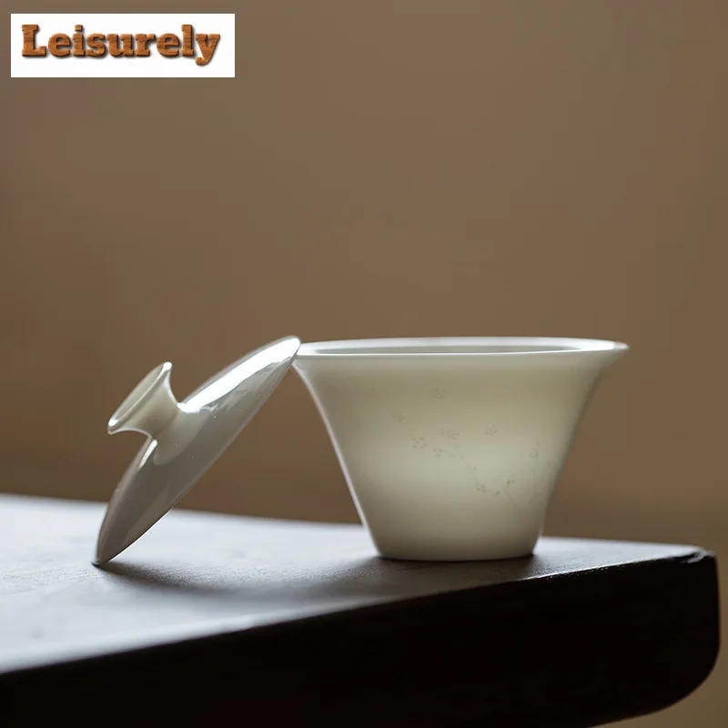 120ml Handmade Sculpture Gaiwan Handmade Thin Body White Porcelain Tea Tureen Tea Maker Cover Bowl Tableware Supplies Decoration
