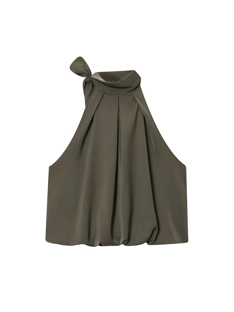 2025 New Women Fashion Tops With Bow Fashion Off Shoulder Tank Top Vintage Halter Neck Sleeveless Female Chic Pleated Tops