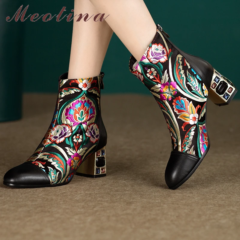 

Meotina Women Genuine Leather Ankle Boot Round Toe Block High Heels Flower Zipper Embroidery Short Boot Lady Shoes Autumn Winter