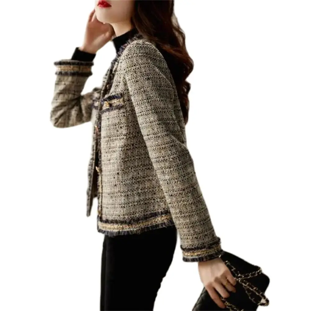 

Tweed Outerwear Women Autumn Overcoat New High-End Ladies Temperament Tassel Retro Jacket Women Wool Blends Coats Spring 2XL