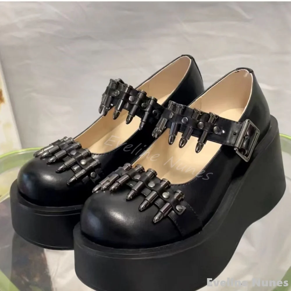 Bullet Studded Punk Loafers Women Big Toe Platform Shallow Hollow Belt Buckle Black Leather Lolita Shoes 2025 New Cool Girl Shoe 5