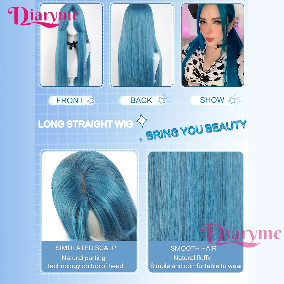 Long Silky Straight Synthetic Wig with Bangs Blue Green Cosplay Party Lolita Daily Wigs for Women Natural Heat Resistant Wigs