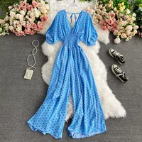 V Neck Sexy Dolman Sleeves Waist Slim Polka Dot Print Jumpsuit Women Wide Leg Trousers Jumpsuit - Image 4