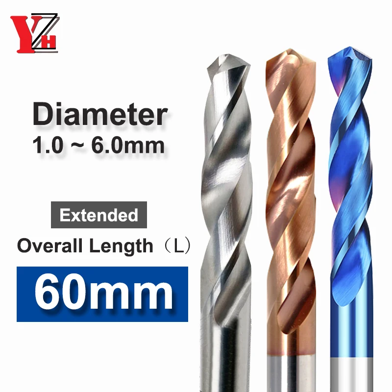 YZH Carbide Twist Drill Total Length 60mm Solid Tungsten Bits HRC50/55/65 CNC Straight Handle Drilling Hole For Metal Iron Steel