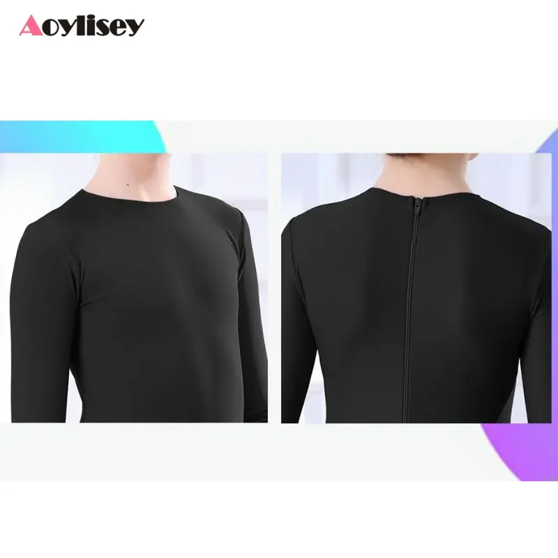 AOYLISEY 걸스 댄스 유니타드, 어린이 발레 스케이트 체조 전신 레오타드, 블랙 긴 소매 바디 수트, 어린이 점프수트 착용