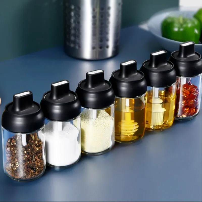 250ml Seasoning Bottle Moisture-proof Cover and Spoon Integrated Transparent Glass MSG Salt Kitchen Round spice jar with lid