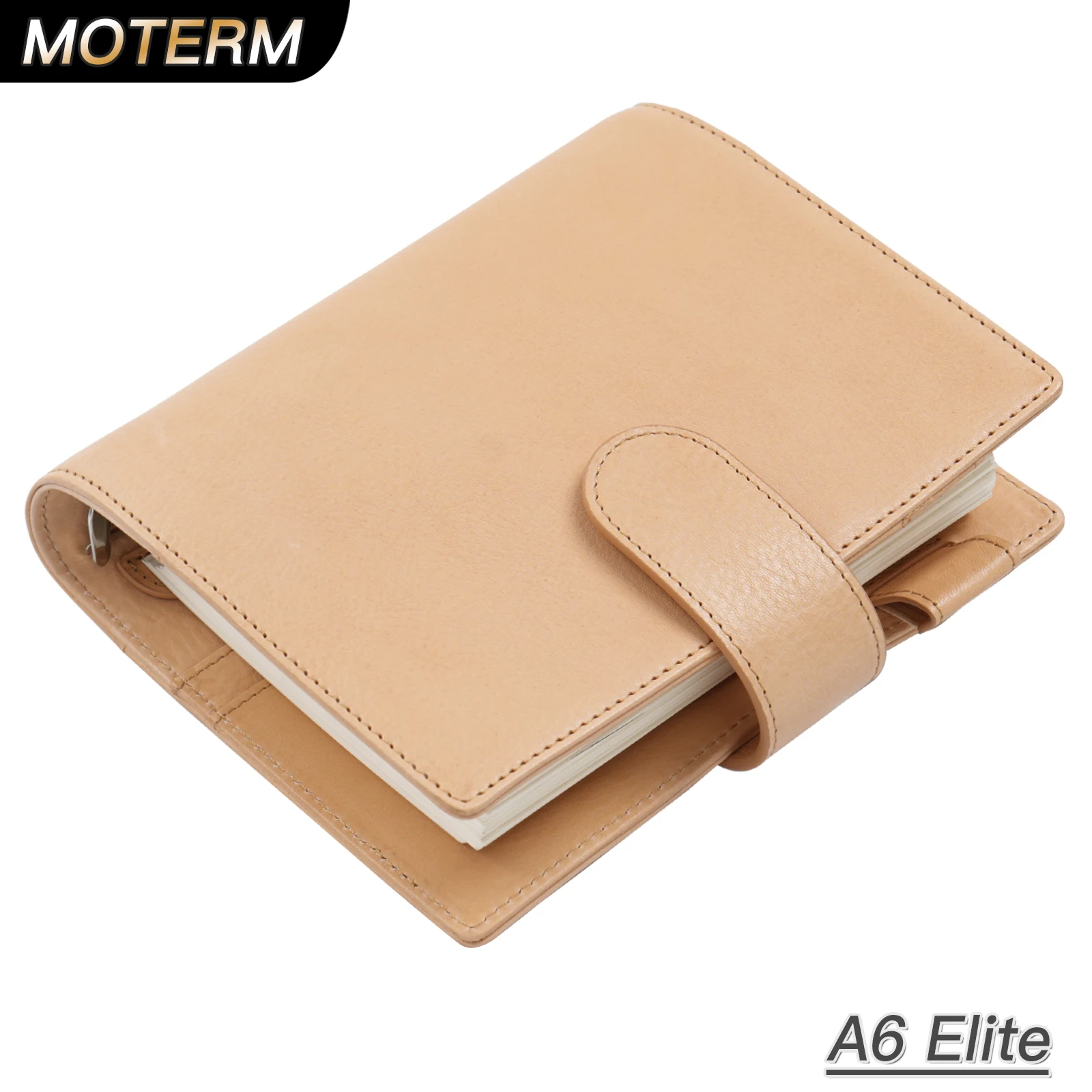 Moterm Vegetable Tanned A6 Size Elite Lines Rings Planner without Big Back Pocket Leather Binder Notebook Journals Wallet