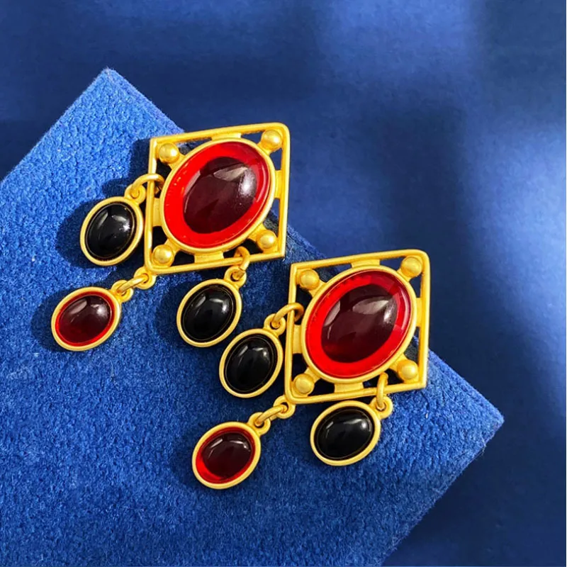 Donia Jewelry European and American Fashion Oval Gemstone Titanium Steel Long Silver Needle Luxury Tassel Earrings