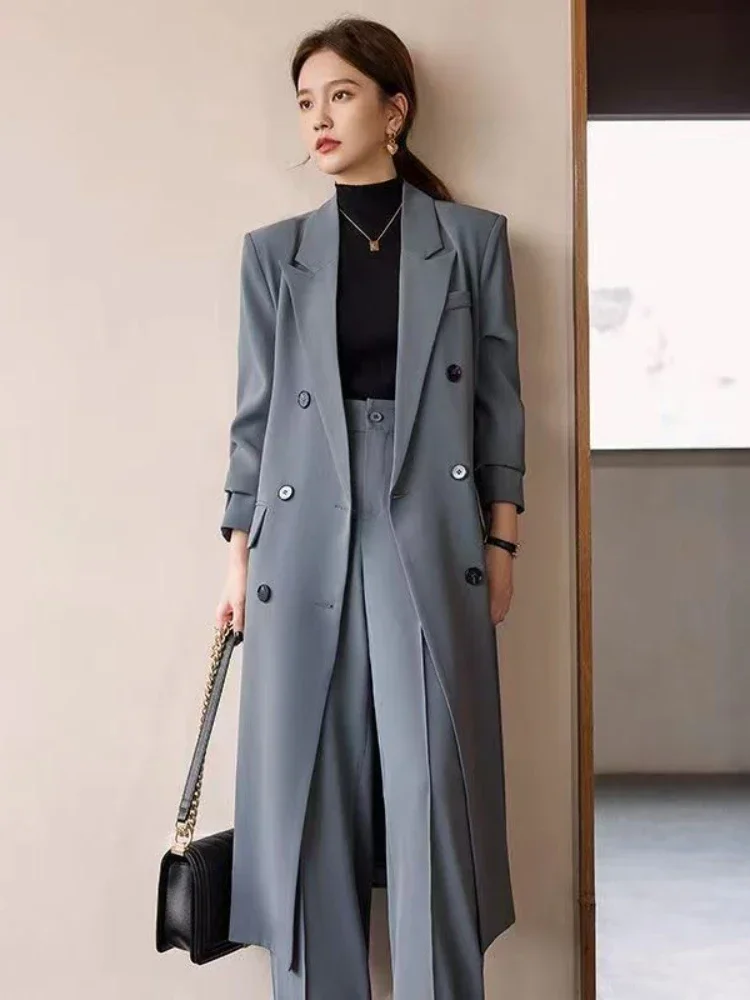 Trench Coat for Women Suit Collar Double-breasted Solid Color Long Coat  Elegance Office Lady Jackets Autumn Winter Clothes Women