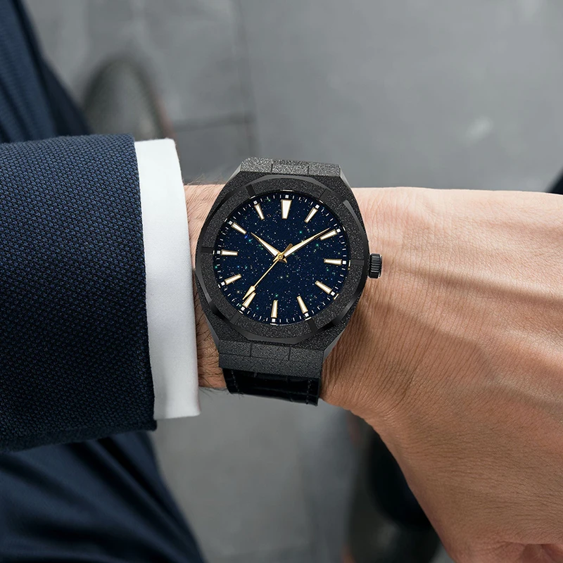 PINTIME Brand Matte Style Men Quartz Watch Star Dust Dial Bling Leather Strap Waterproof High Quality Frosted Watch For Men
