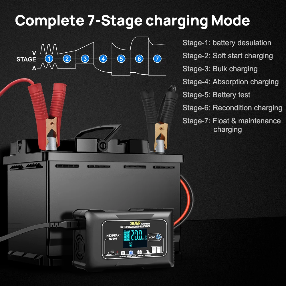 Auto Battery Charger 6V 12V 24V 20A For Motorcycle Auto Lead Acid AGM Lithium LiFePo4 Batteries car battery accessories