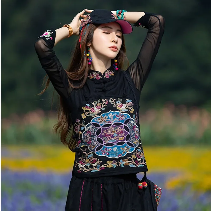 

Chinese Style Traditional Women Vest Oriental Ethnic Gilet Tops Black Cotton Short Stand Collar Sleeveless Waistcoat Embroidery