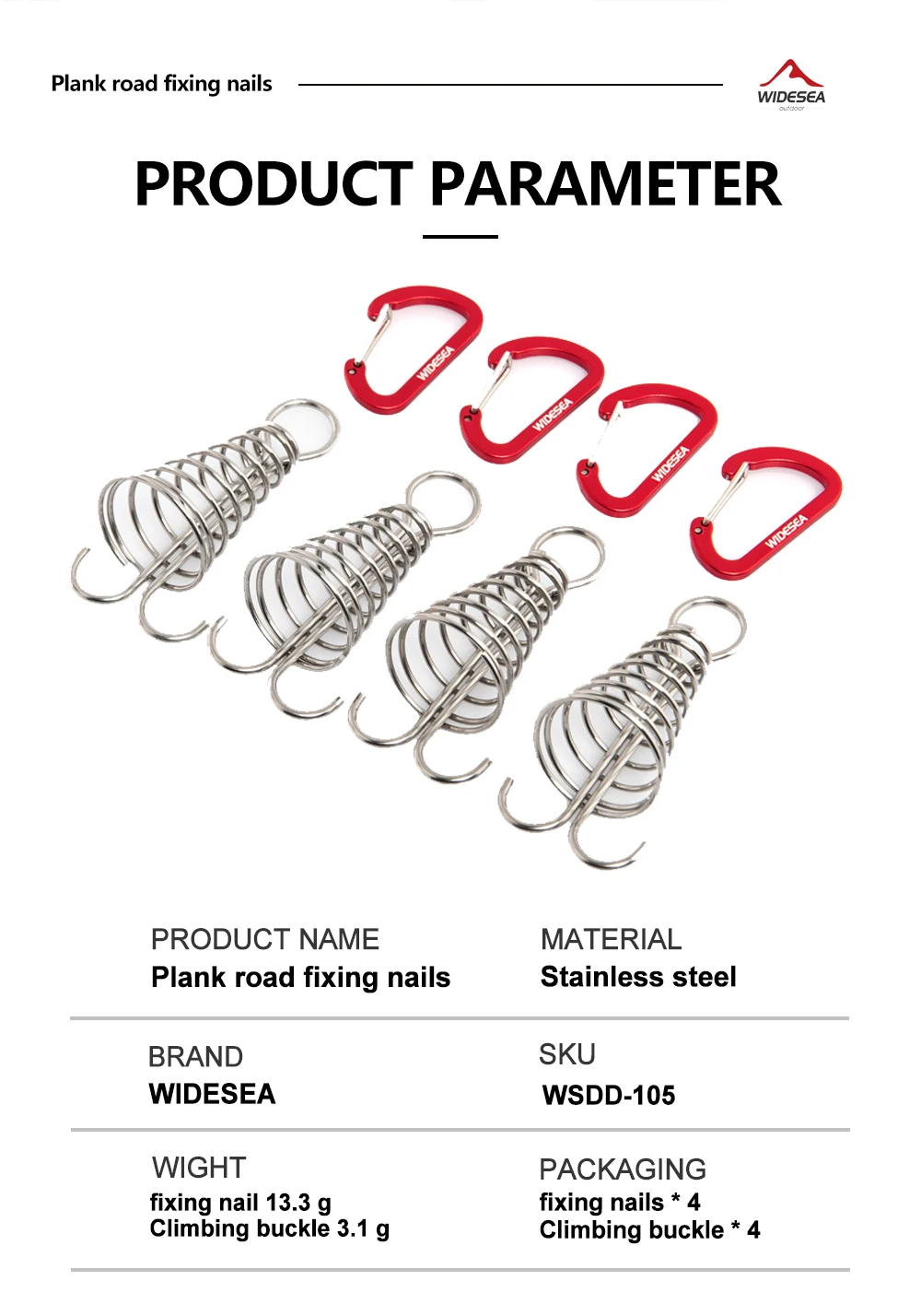 Description Picture 3 of itemWidesea 4PCS Fishbone Nails Floor Boarding Ground Spike Pegs Deck Fixed Spiral Spring Hooks Wind Rope Buckle Tent Accessories