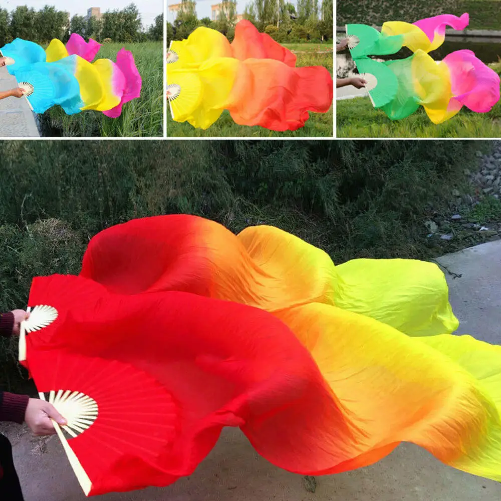 

High Quality Tie-dyed Belly Dancing Fan Flame Tricolor Gradient Handmade Colorful Belly Dancing Bamboo Long Silk Fans