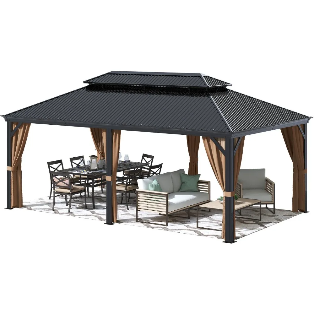12'x20' Hardtop Metal Gazebo, Outdoor Galvanized Steel Double Roof Canopy, Aluminum Frame Permanent Pavilion 2