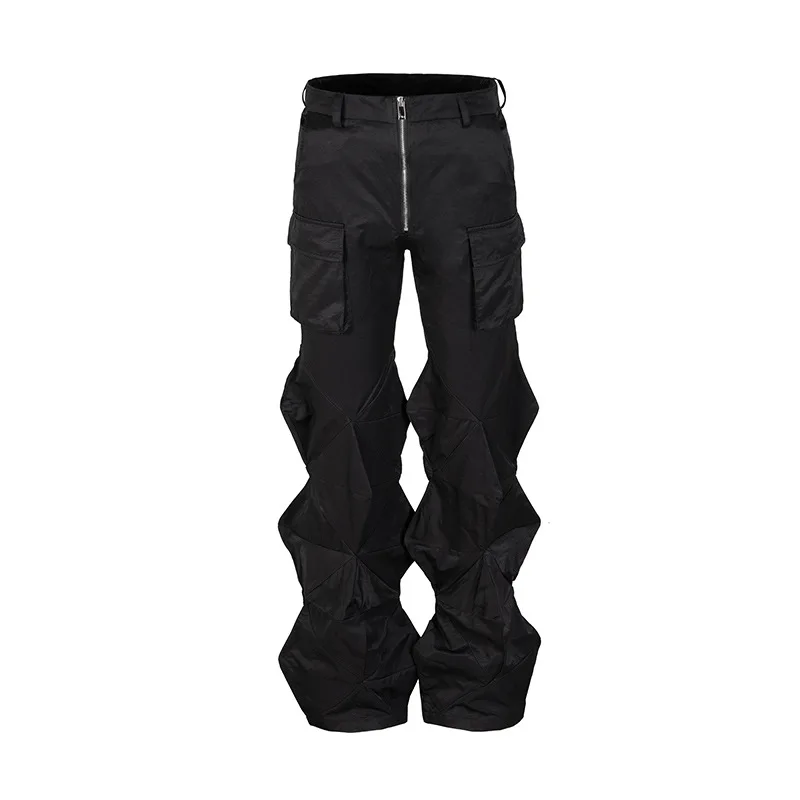 

New Style Streetwear Men Casual Long Pants Three-dimensional Patchwork Flared Pants High Street High Waisted Trailing Pants