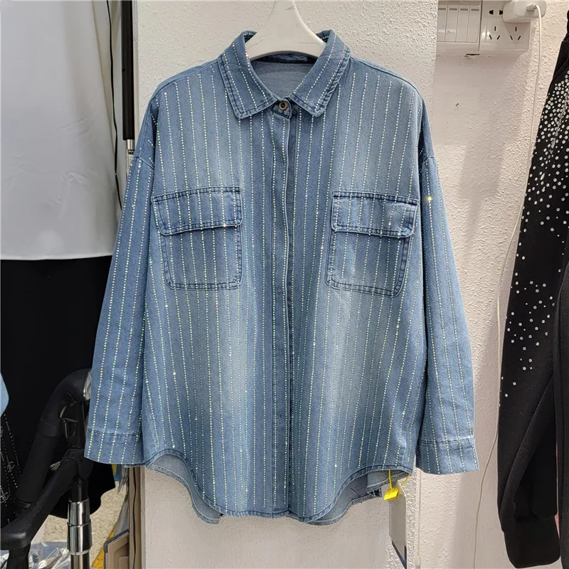 

Fashion Rhinestone Irregular Hem Female Cowboy Shirt Coat Loose Casual Spring Autumn Women Denim Outwear Jaqueta Jeans Feminina