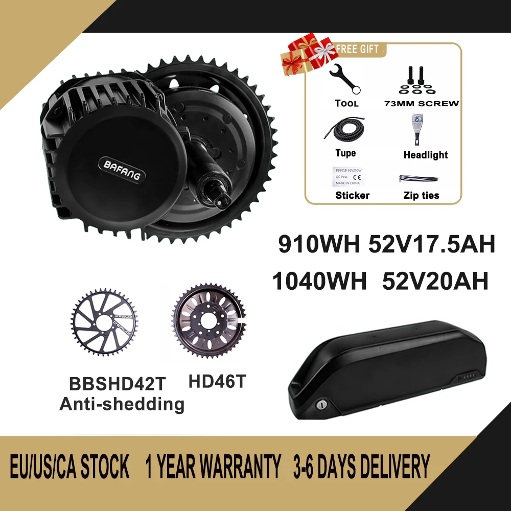 Bafang 1000w 모터 키트, 8FUN 미드 드라이브 모터, 전기 자전거 변환 키트, 자전거 엔진용, 68mm-120mm, 52V, LG, 삼성 배터리