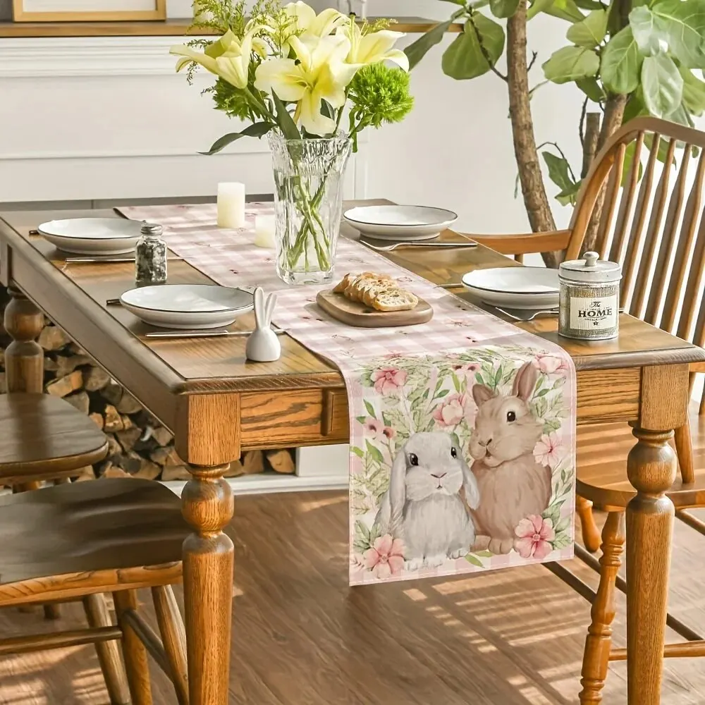 1pc Easter Table Runner, Bunny Rabbit Flowers Leaves Pink BuffaloPlaid Table Kitchen Dining Decoration For Indoor, Party Decor