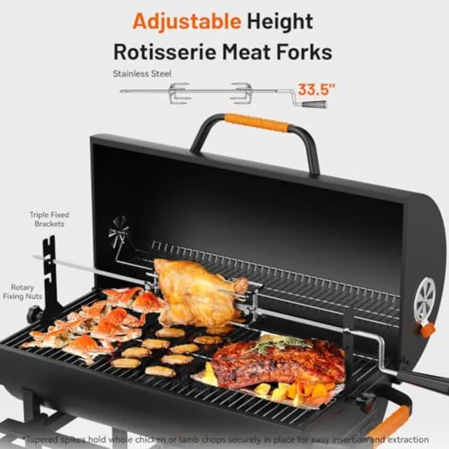 29-Inch Barrel Charcoal Grill with Heavy Duty Construction and Manual Rotisserie Meat Fork Featuring One Click Cleaning System 4