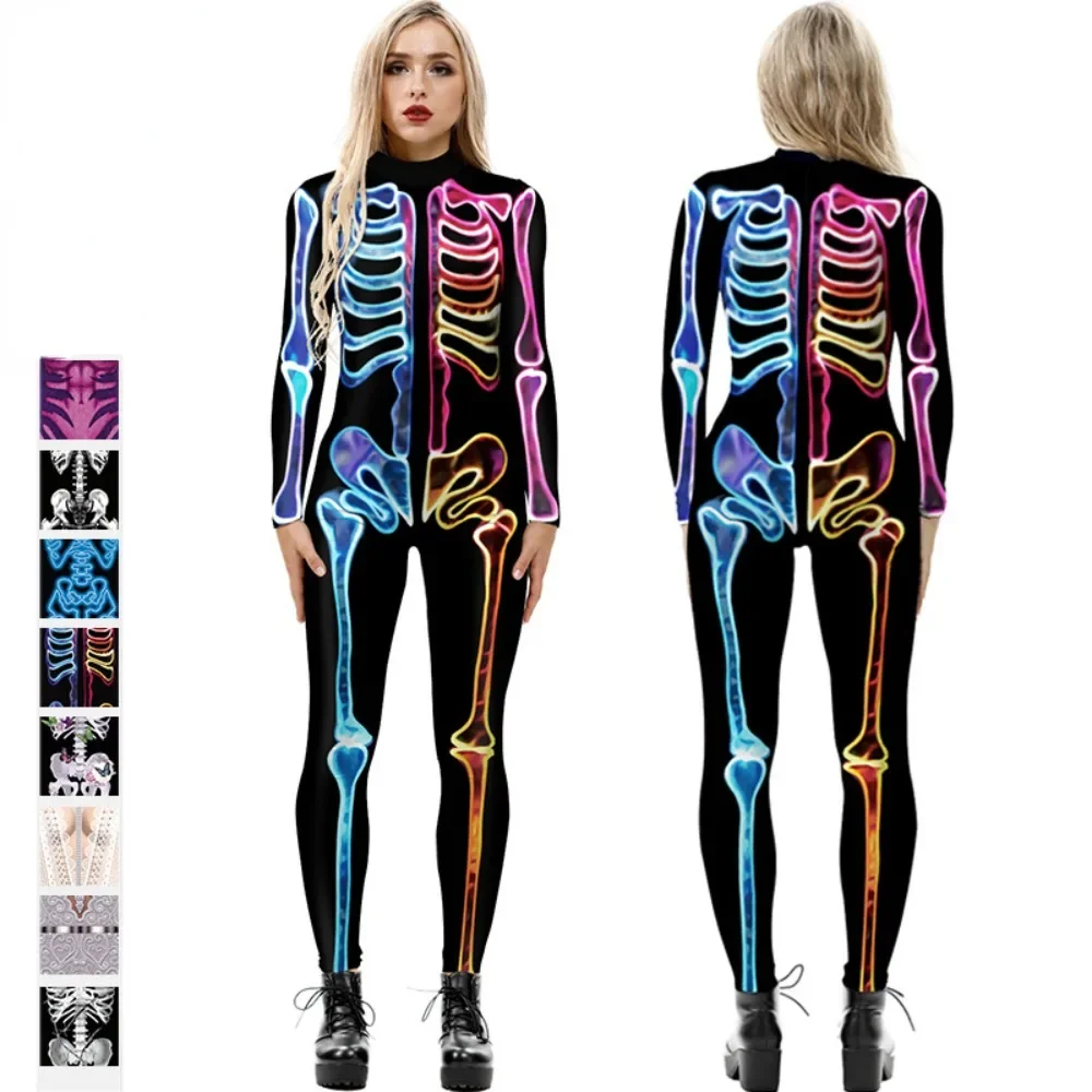 

Halloween Cosplay Costume Jumpsuit Women Punk Tight Fitting Long Sleeve Playsuit Skeleton Print Romper Overalls For Woman Cloth