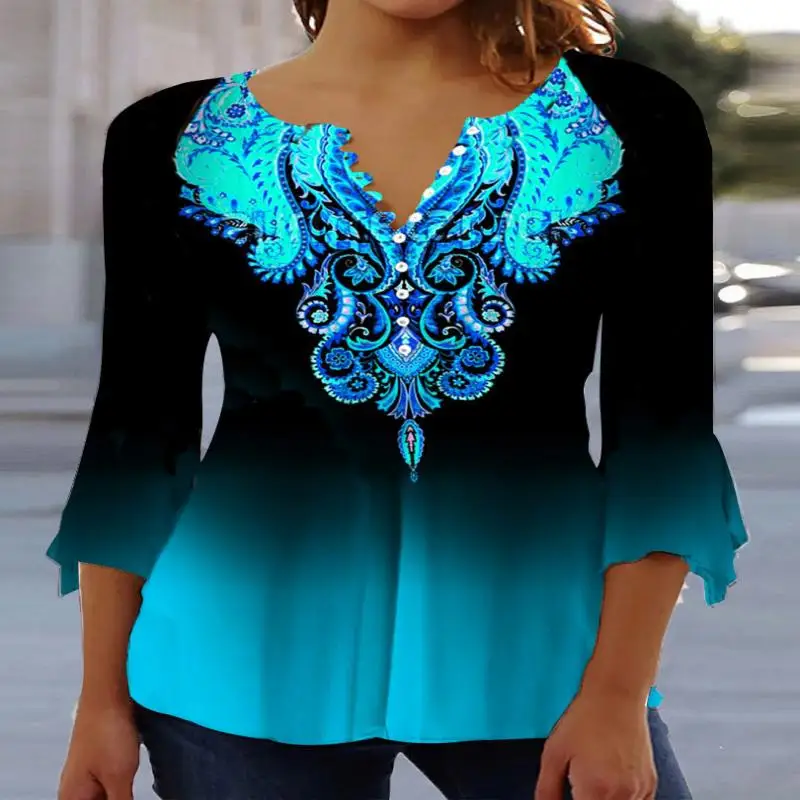 

Plus Size Women 3/4 Sleeve V-neck Colorblock Graphic Floral Printed Top