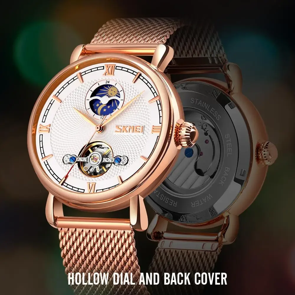 SKMEI 9220 Fashion Waterproof Mechanical Watch Tourbillon Hollow Out Full-Automatic Men's Steel Band Watch