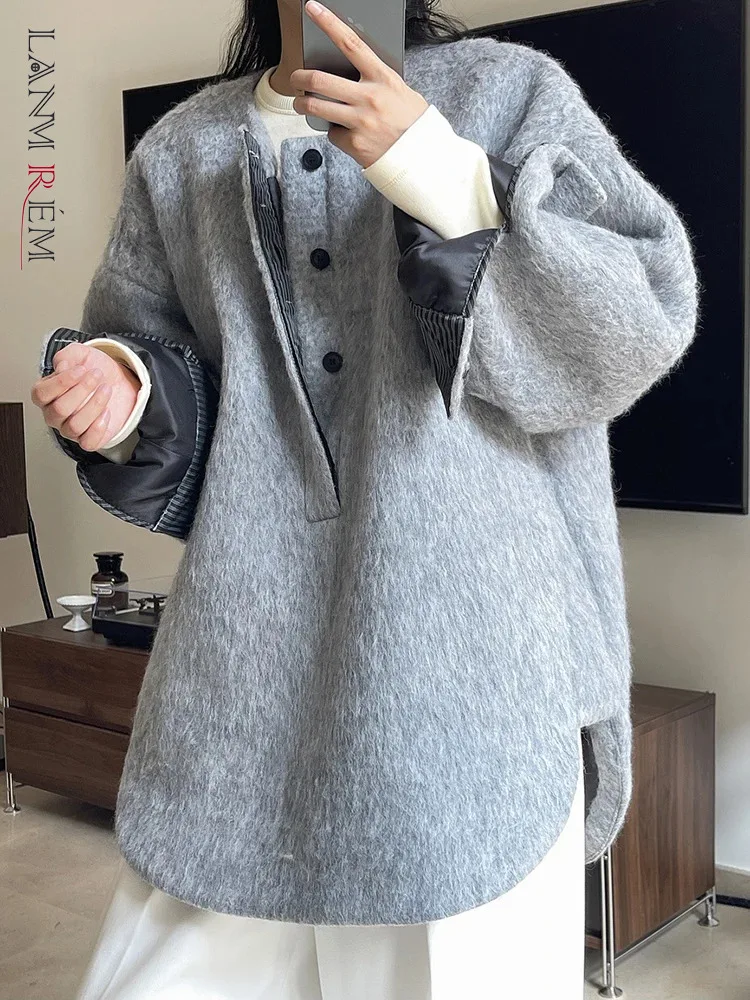 

[LANMREM] Minimalism Wool Pullover Coats For Women Round Neck Single Breasted Thick Warm Female Tops 2023 Winter New 26D6989