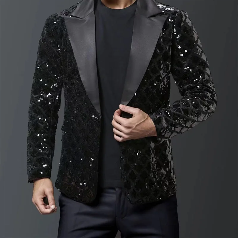 Men's Glitter Slim Blazers Diamond Sequin Long Sleeve Lapel One Button Coat Bar Party Jacket