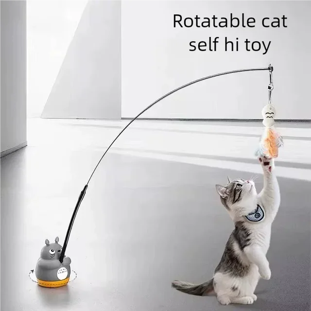 360-Degree Rotating Cat Teaser Toy with Dragon Totoro Design Steel Rod Fish Head with Bell for Cat Entertainment Cat Supplies 2