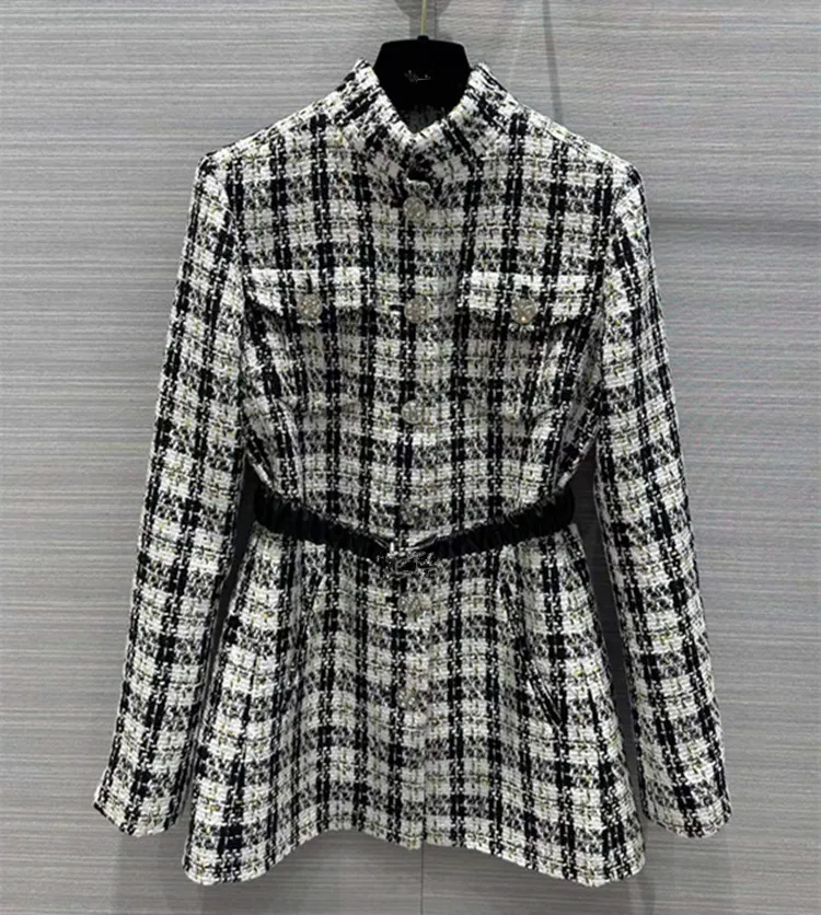 

European and American women's clothing 2023 autumn new Long sleeve standing collar belt plaid single breasted fashion tweed coat