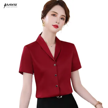 Red Short Sleeve Shirt Women Summer Thin 2022 New V Neck Professional Formal Chiffon White Blouses Office Ladies Work Tops
