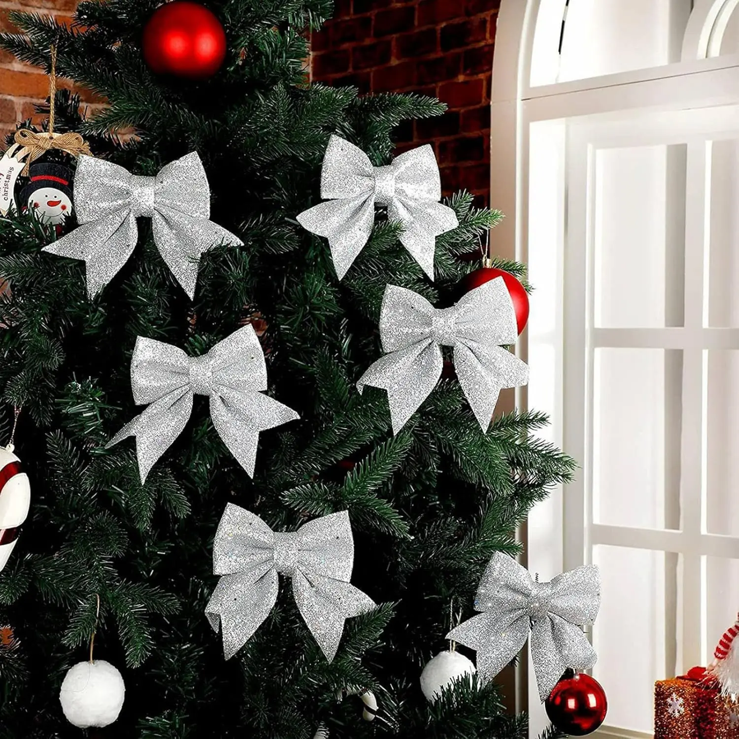 Sparkling Bow Valentine's Day Decoration Xmas Tree Pendant Ornament Home Christmas New Year Party DIY Bows Decoration 4pcs