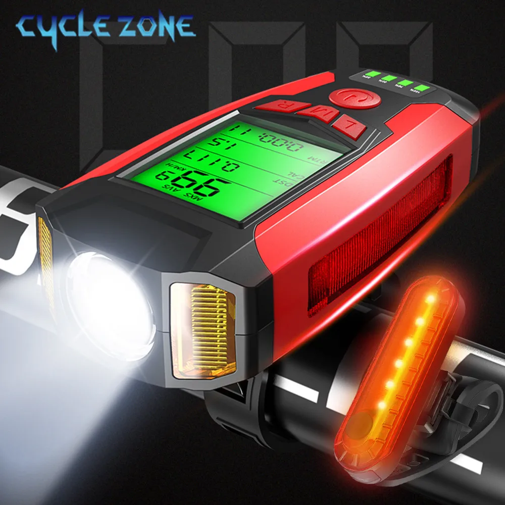 

5 In 1 Bike Light USB Charge Bicycle Light With Bicycle Computer LCD Speedometer Odometer Waterproof 5 Modes Horn Cycling Lamp