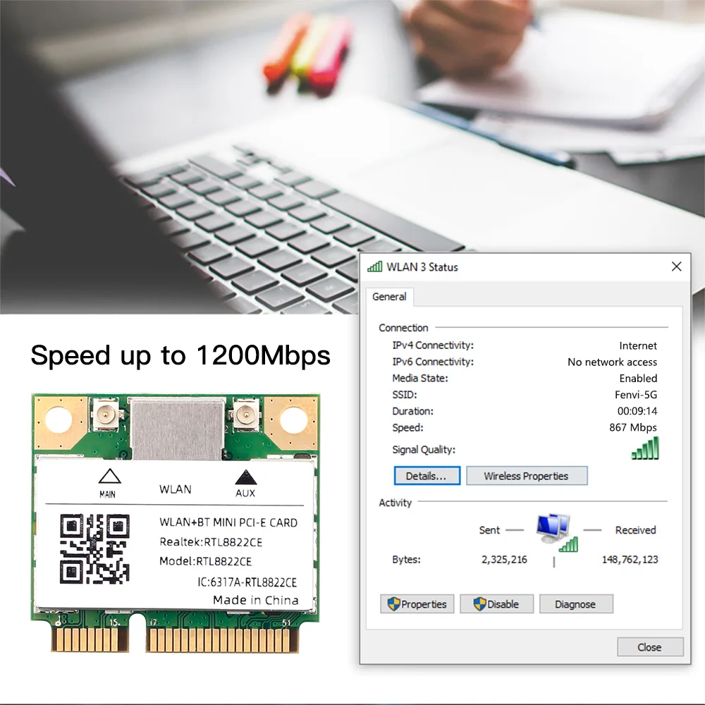 Dual Band Mini Pcie Rtl8822ce 1200mbps Cartão Wifi Bluetooth 5.0 Adaptador sem Fio 802.11ac Wifi Dongle para Win10 11 Melhor 7260hmw - Imagem 4